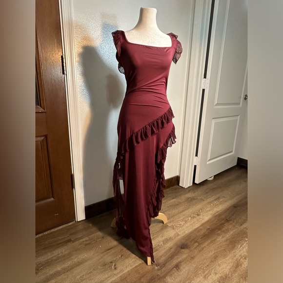 Elegant wine color fun fairy pirate ruffles dress comfy stretchy woman size m - Picture 17 of 17